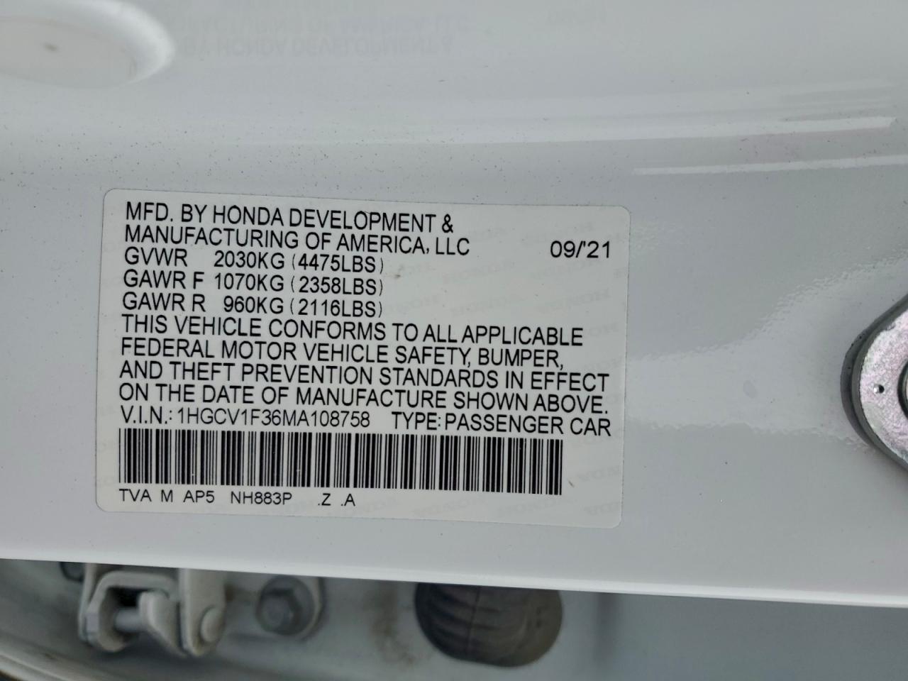 2021 Honda Accord Sport VIN: 1HGCV1F36MA108758 Lot: 92764145