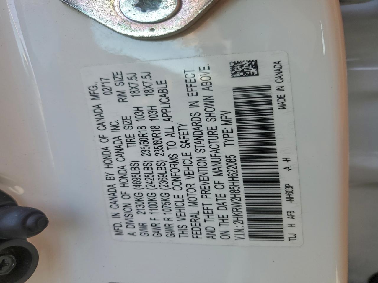 2017 Honda Cr-V Exl VIN: 2HKRW2H85HH622085 Lot: 95086895