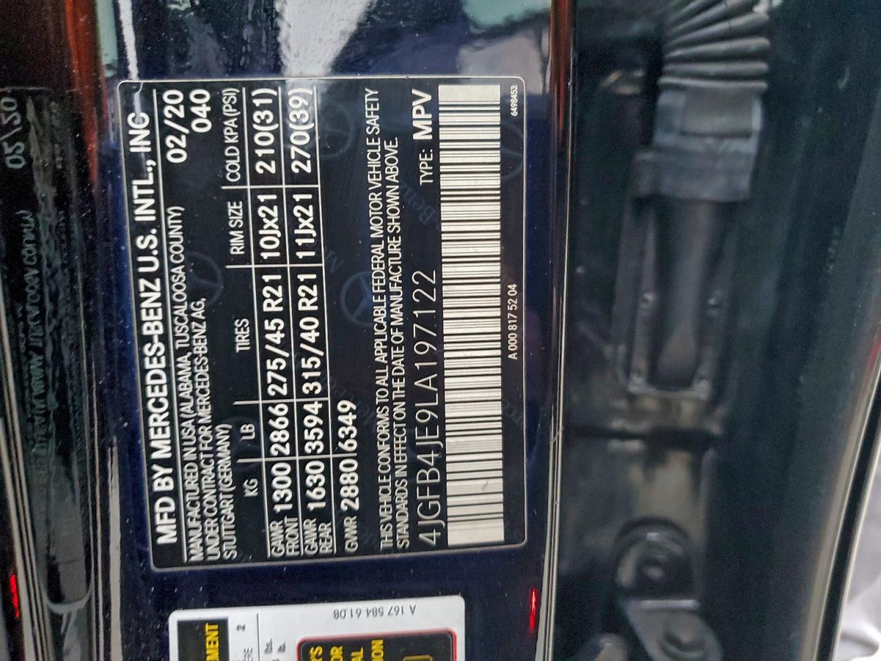 2020 Mercedes-Benz Gle 350 VIN: 4JGFB4JE9LA197122 Lot: 94370325