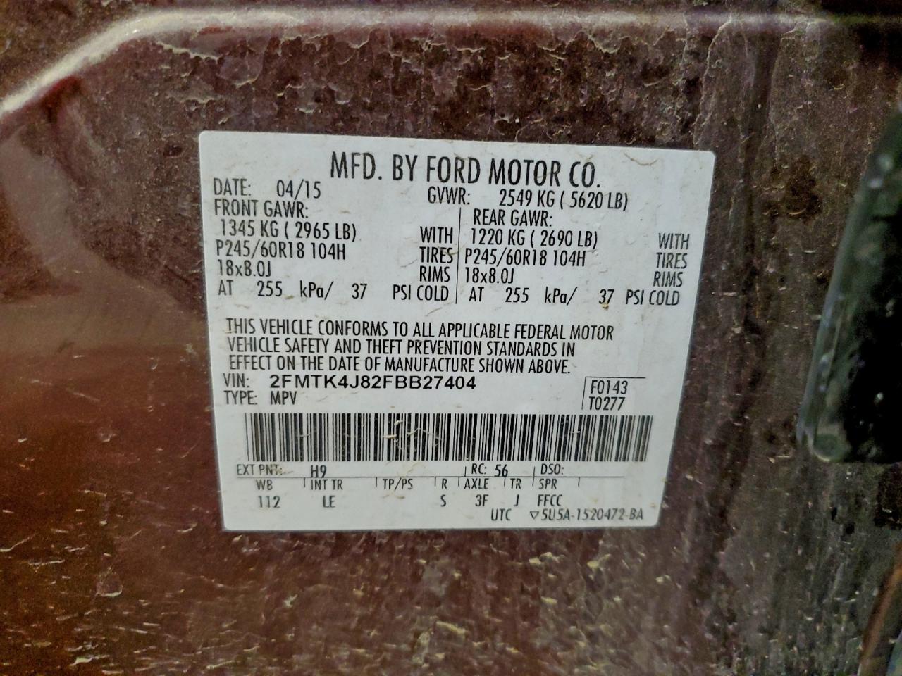 2015 Ford Edge Sel VIN: 2FMTK4J82FBB27404 Lot: 94822955