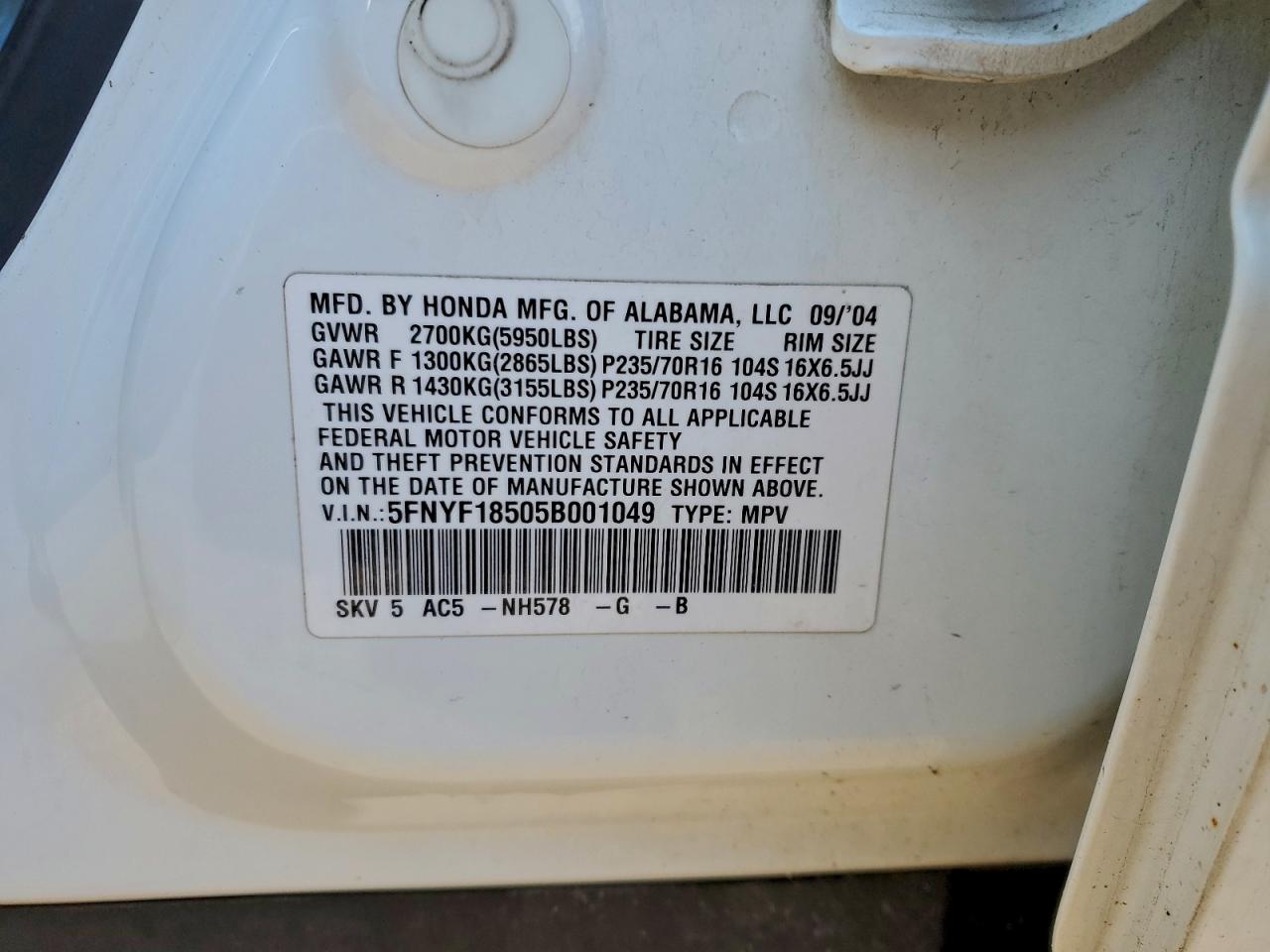 2005 Honda Pilot Exl VIN: 5FNYF18505B001049 Lot: 94721125