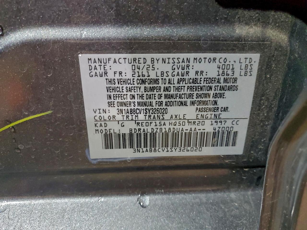 2025 Nissan Sentra Sv VIN: 3N1AB8CV1SY326020 Lot: 97620225