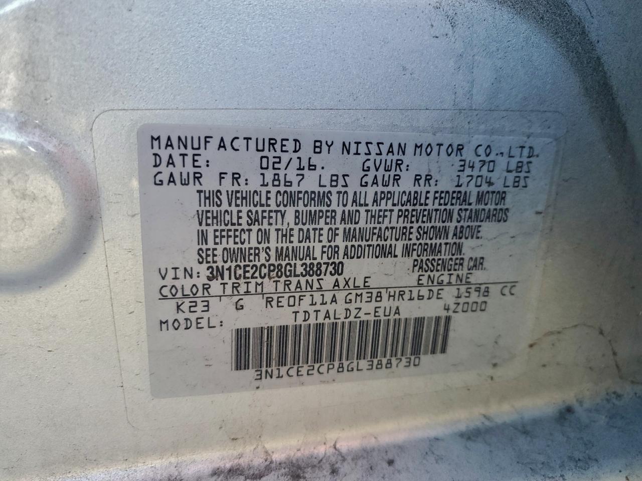 2016 Nissan Versa Note S VIN: 3N1CE2CP8GL388730 Lot: 96484935