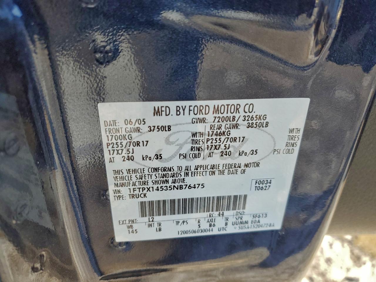 2005 Ford F150 VIN: 1FTPX14535NB76475 Lot: 95931705