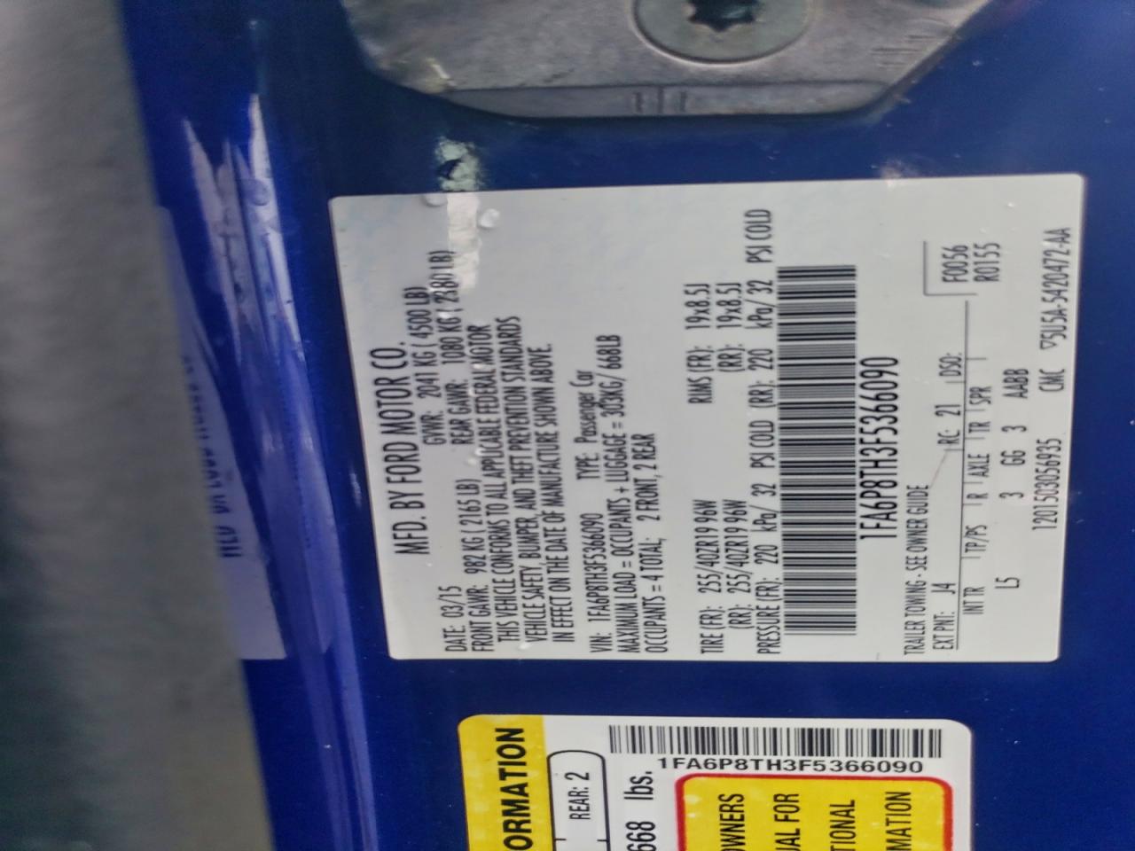 2015 Ford Mustang VIN: 1FA6P8TH3F5366090 Lot: 93889835