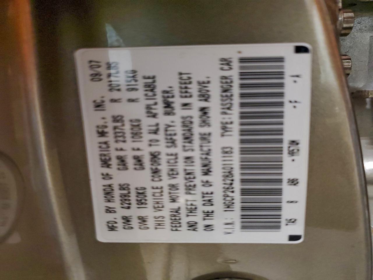 2008 Honda Accord Lxp VIN: 1HGCP26428A011183 Lot: 95902835