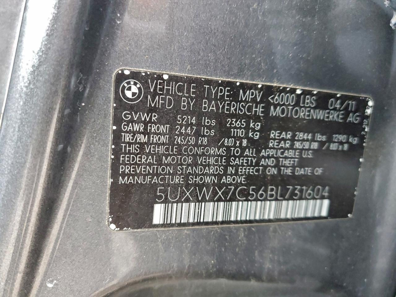 2011 BMW X3 xDrive35I VIN: 5UXWX7C56BL731604 Lot: 94853605