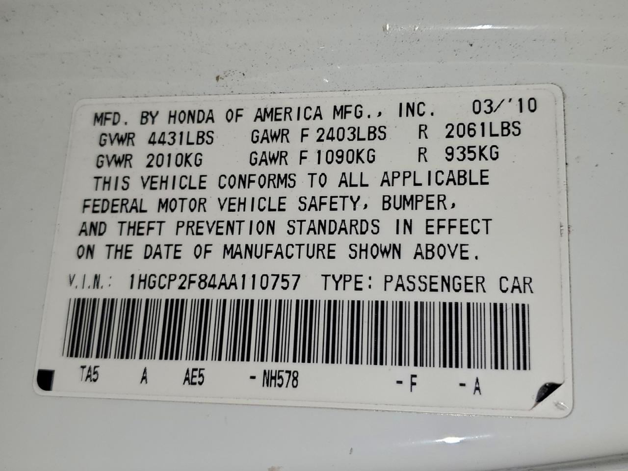 2010 Honda Accord Exl VIN: 1HGCP2F84AA110757 Lot: 95464745