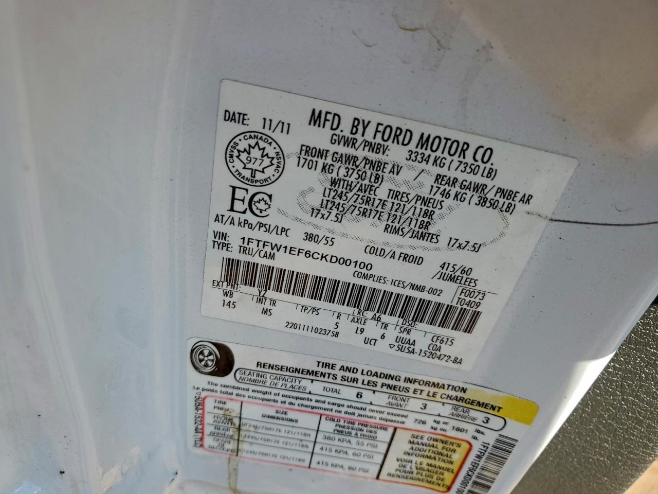 2012 Ford F150 Supercrew VIN: 1FTFW1EF6CKD00100 Lot: 94521885