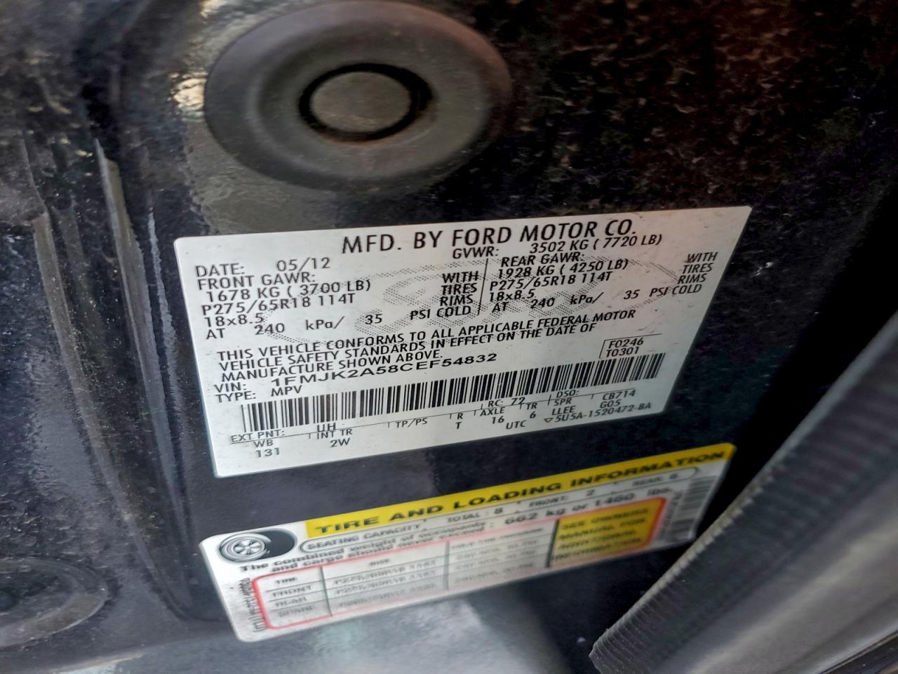 2012 Ford Expedition El Limited VIN: 1FMJK2A58CEF54832 Lot: 95067415