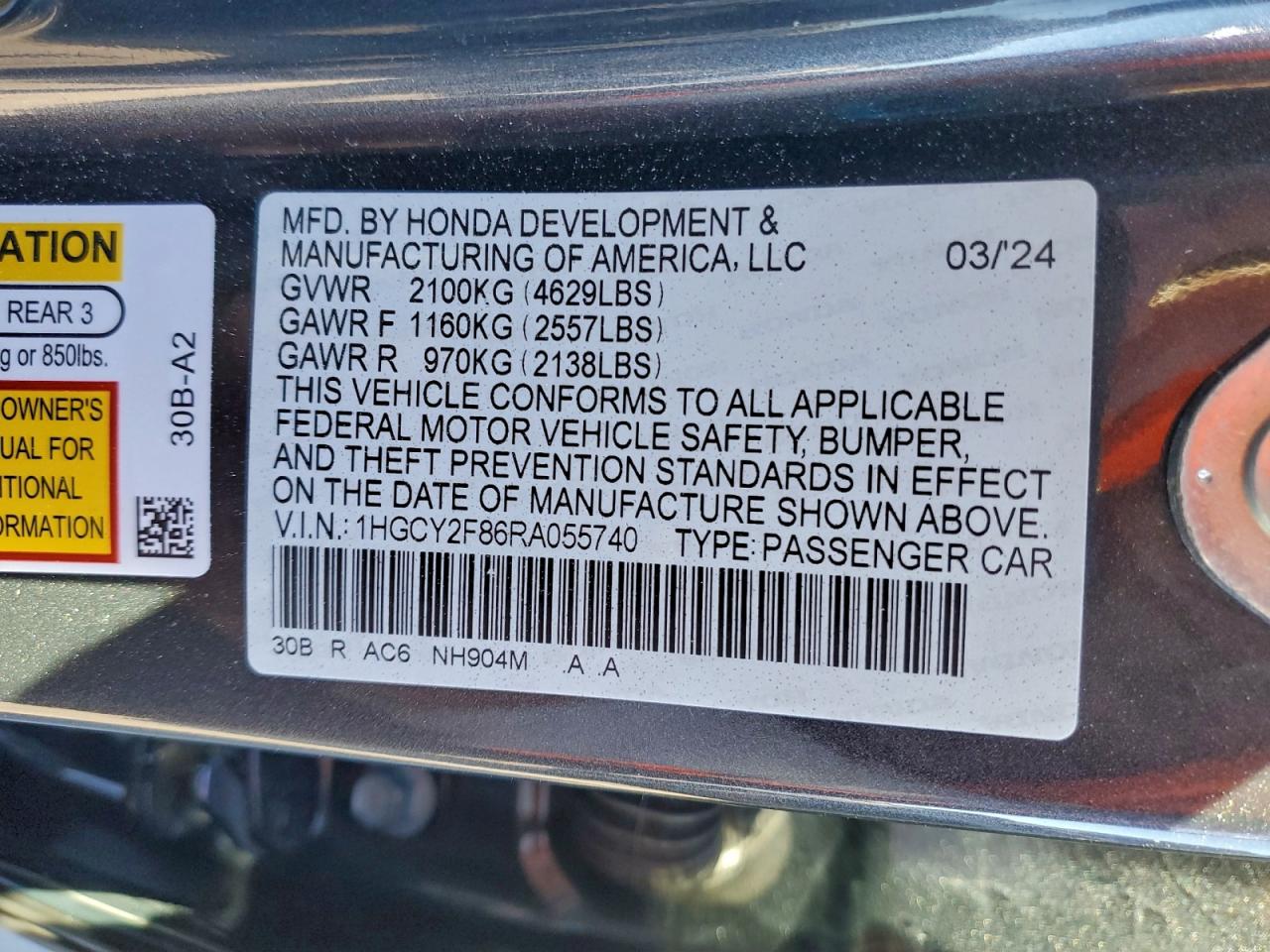 2024 Honda Accord Touring Hybrid VIN: 1HGCY2F86RA055740 Lot: 95544145