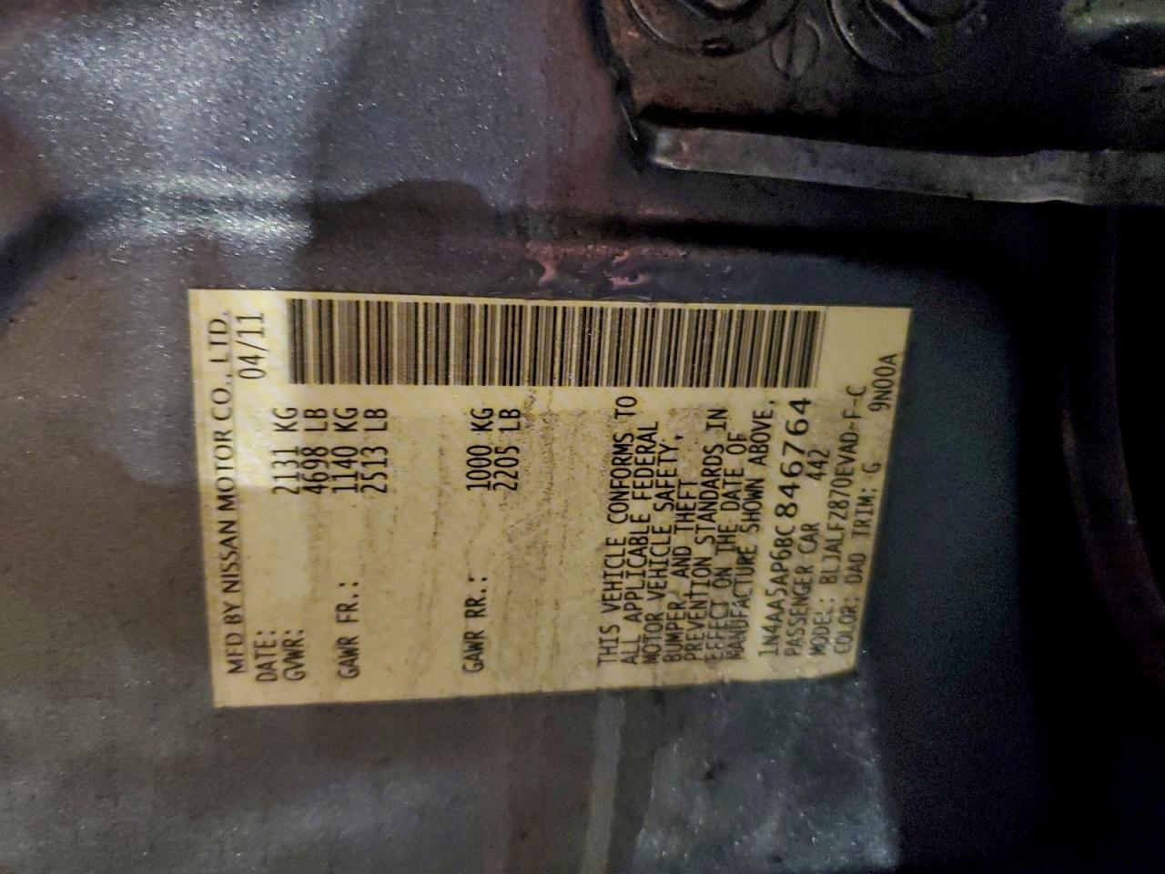 2011 Nissan Maxima S VIN: 1N4AA5AP6BC846764 Lot: 96118985