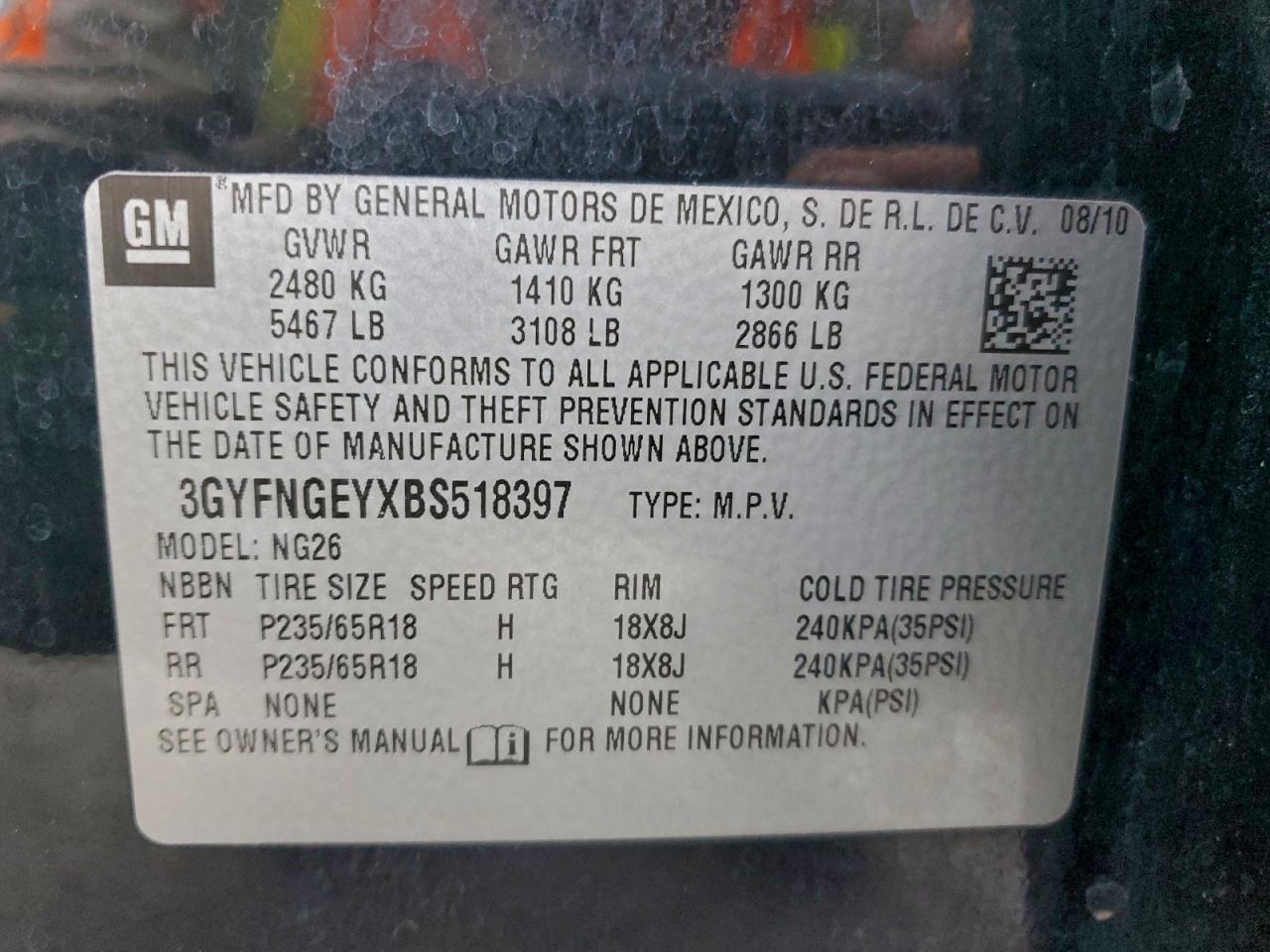 2011 Cadillac Srx VIN: 3GYFNGEYXBS518397 Lot: 95575535