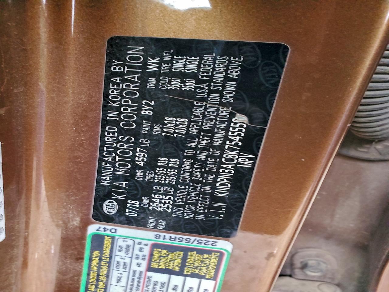 2019 Kia Sportage Ex VIN: KNDPN3AC8K7545559 Lot: 95968075