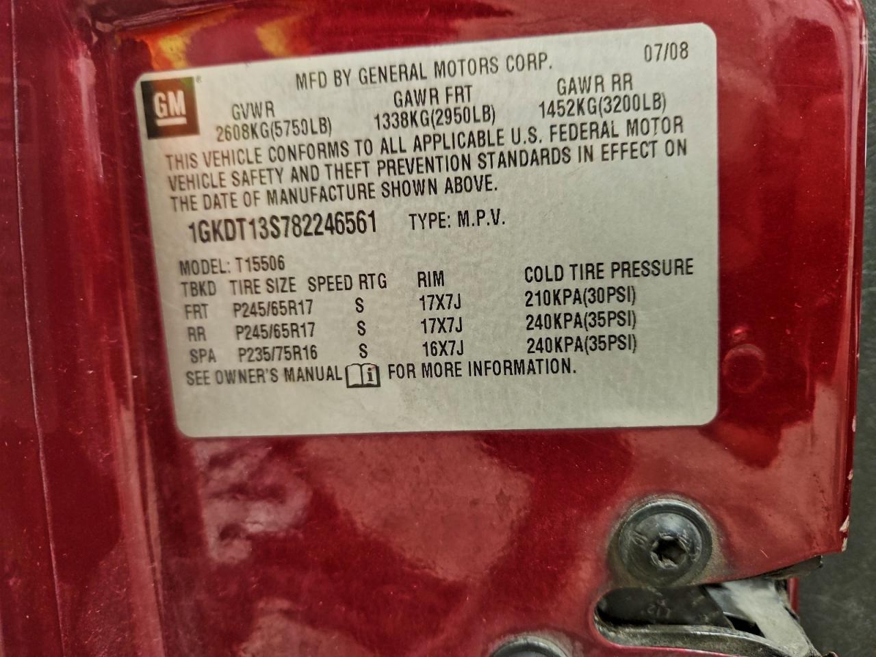 2008 GMC Envoy VIN: 1GKDT13S782246561 Lot: 94768545