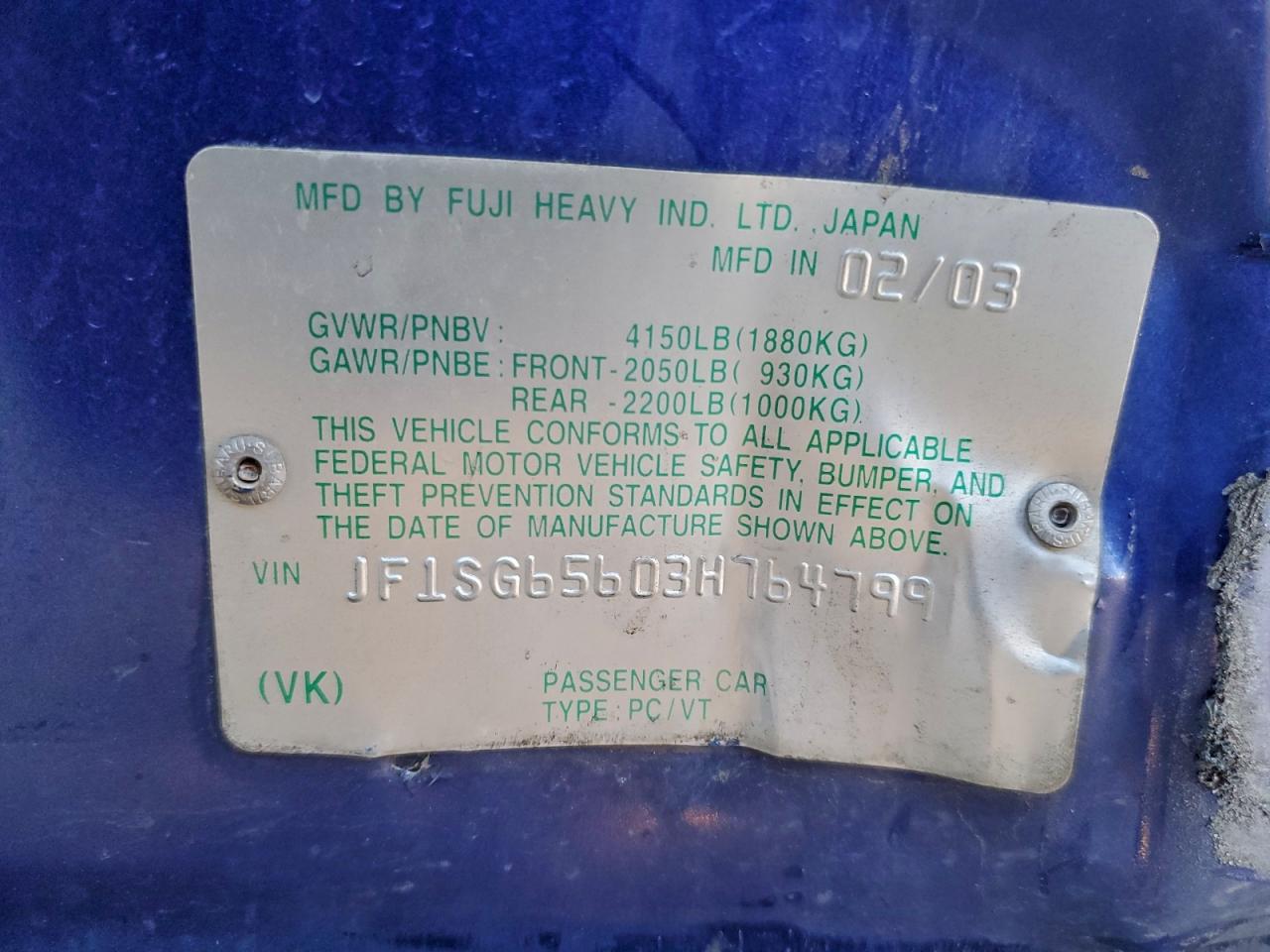 2003 Subaru Forester 2.5Xs VIN: JF1SG65603H764799 Lot: 95153875