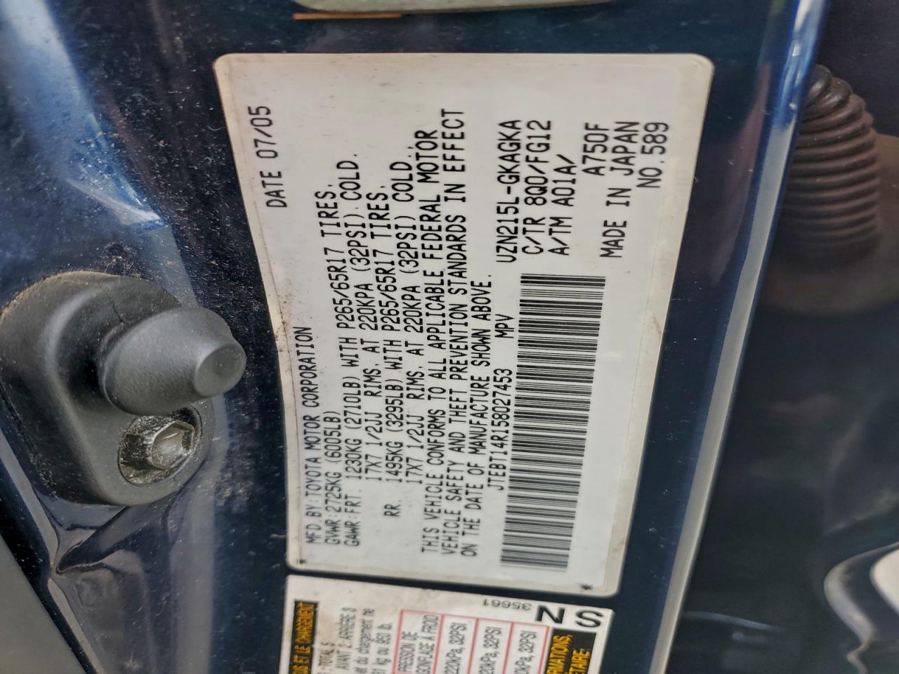 2005 Toyota 4Runner Sr5 VIN: JTEBT14R158027453 Lot: 96250325