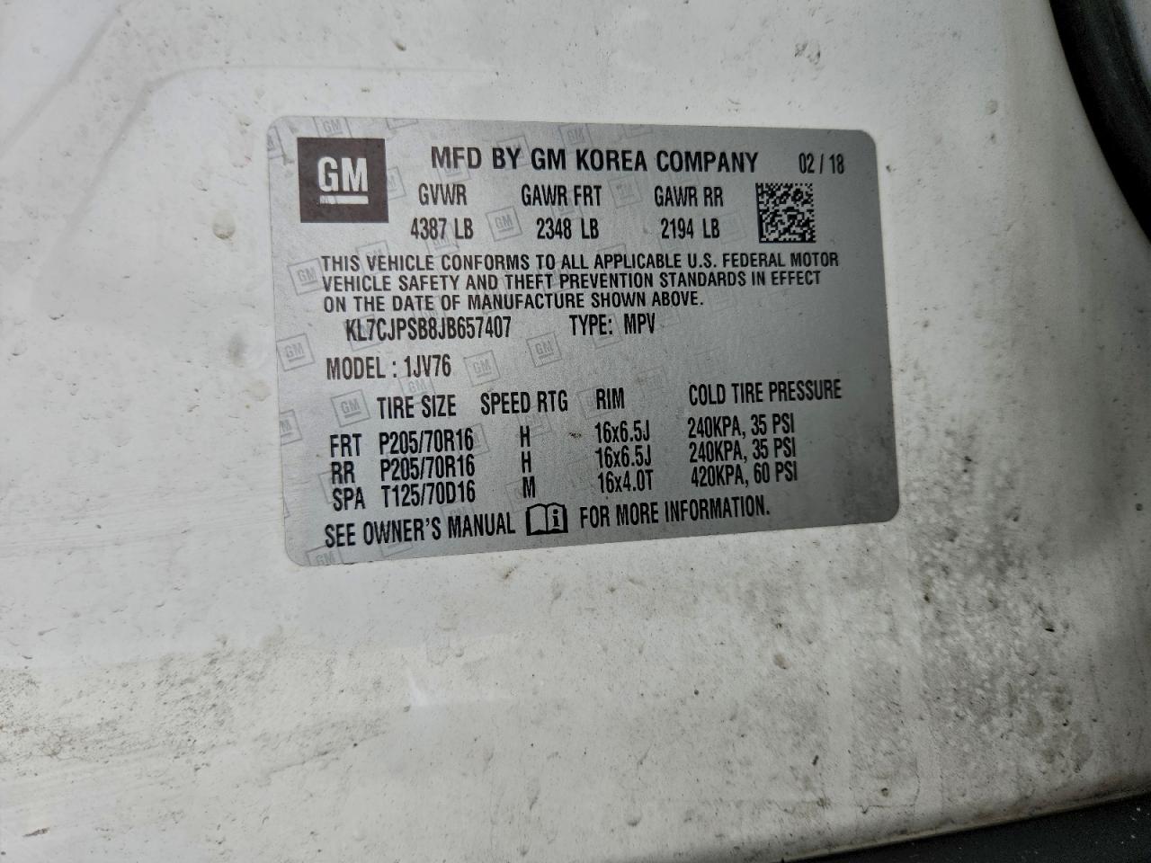 2018 Chevrolet Trax 1Lt VIN: KL7CJPSB8JB657407 Lot: 96678805