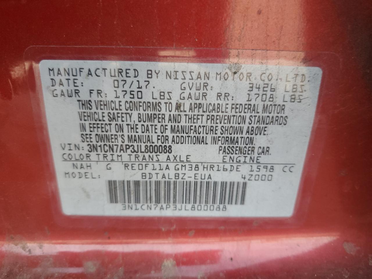 3N1CN7AP3JL800088 NISSAN VERSA 2018