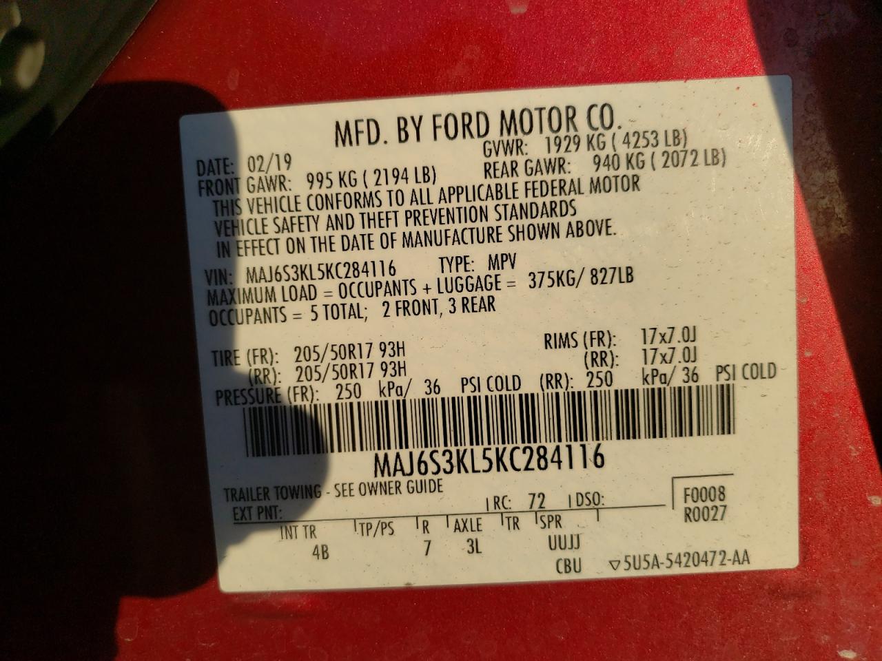 MAJ6S3KL5KC284116 FORD ECOSPORT 2019