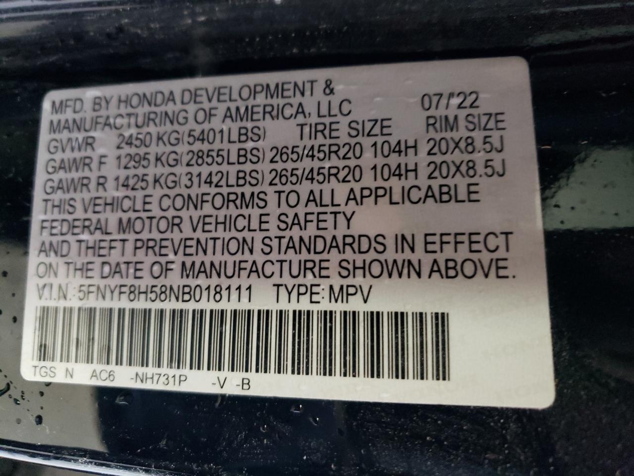5FNYF8H58NB018111 HONDA PASSPORT 2022