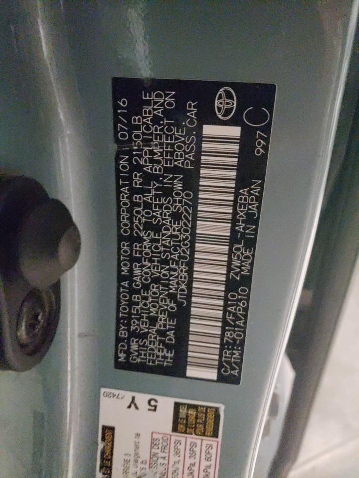 JTDKBRFU2G3022270 TOYOTA PRIUS 2016