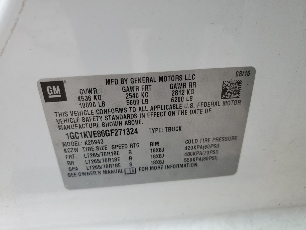 1GC1KVE86GF271324 CHEVROLET ALL Models 2016