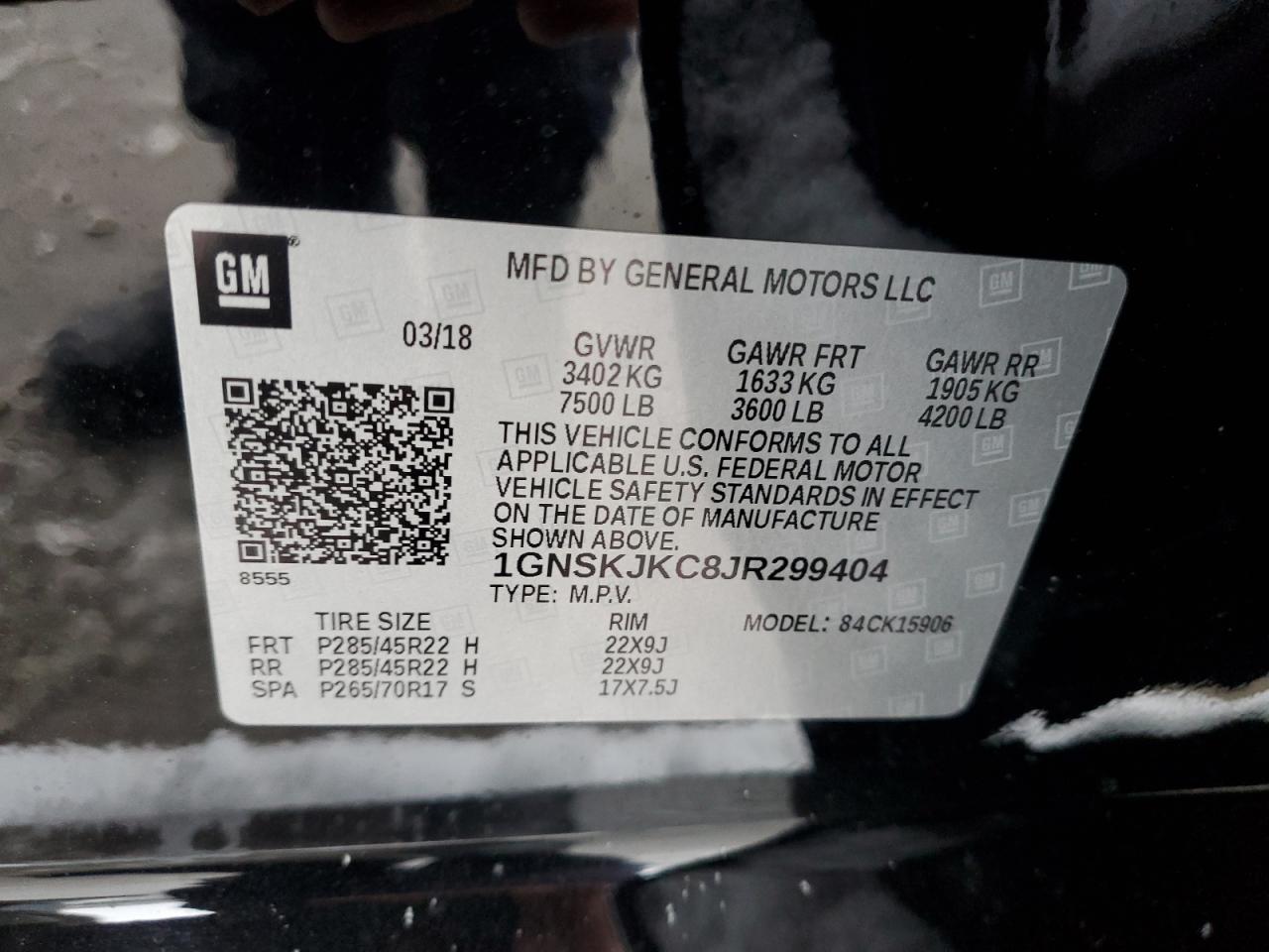 1GNSKJKC8JR299404 CHEVROLET SUBURBAN 2018