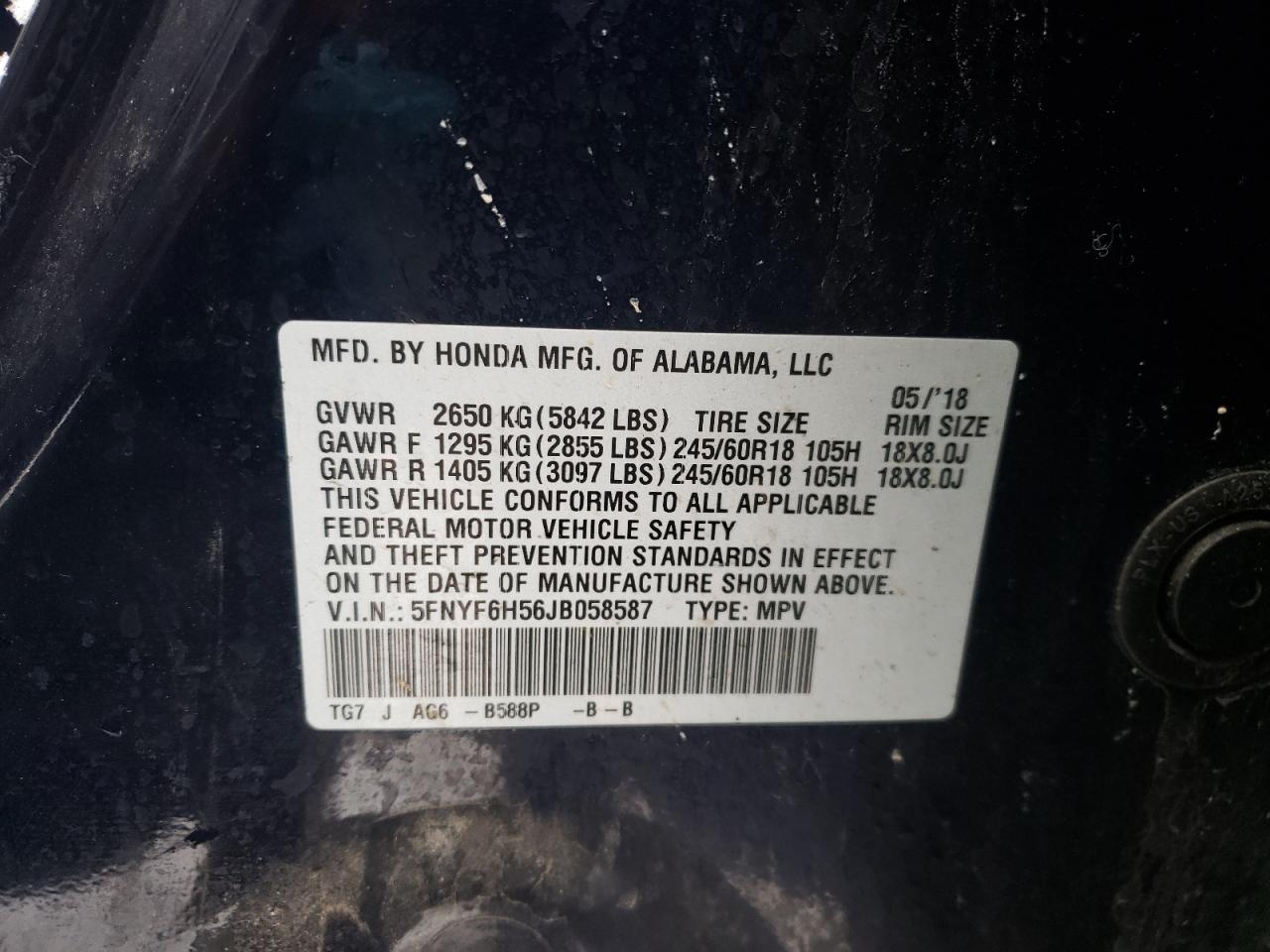 5FNYF6H56JB058587 HONDA PILOT 2018
