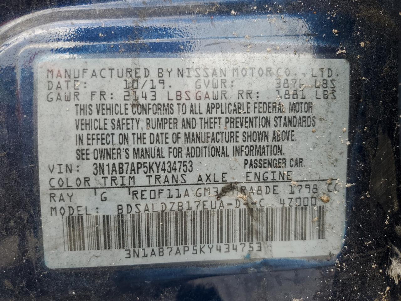 3N1AB7AP5KY434753 NISSAN SENTRA 2019