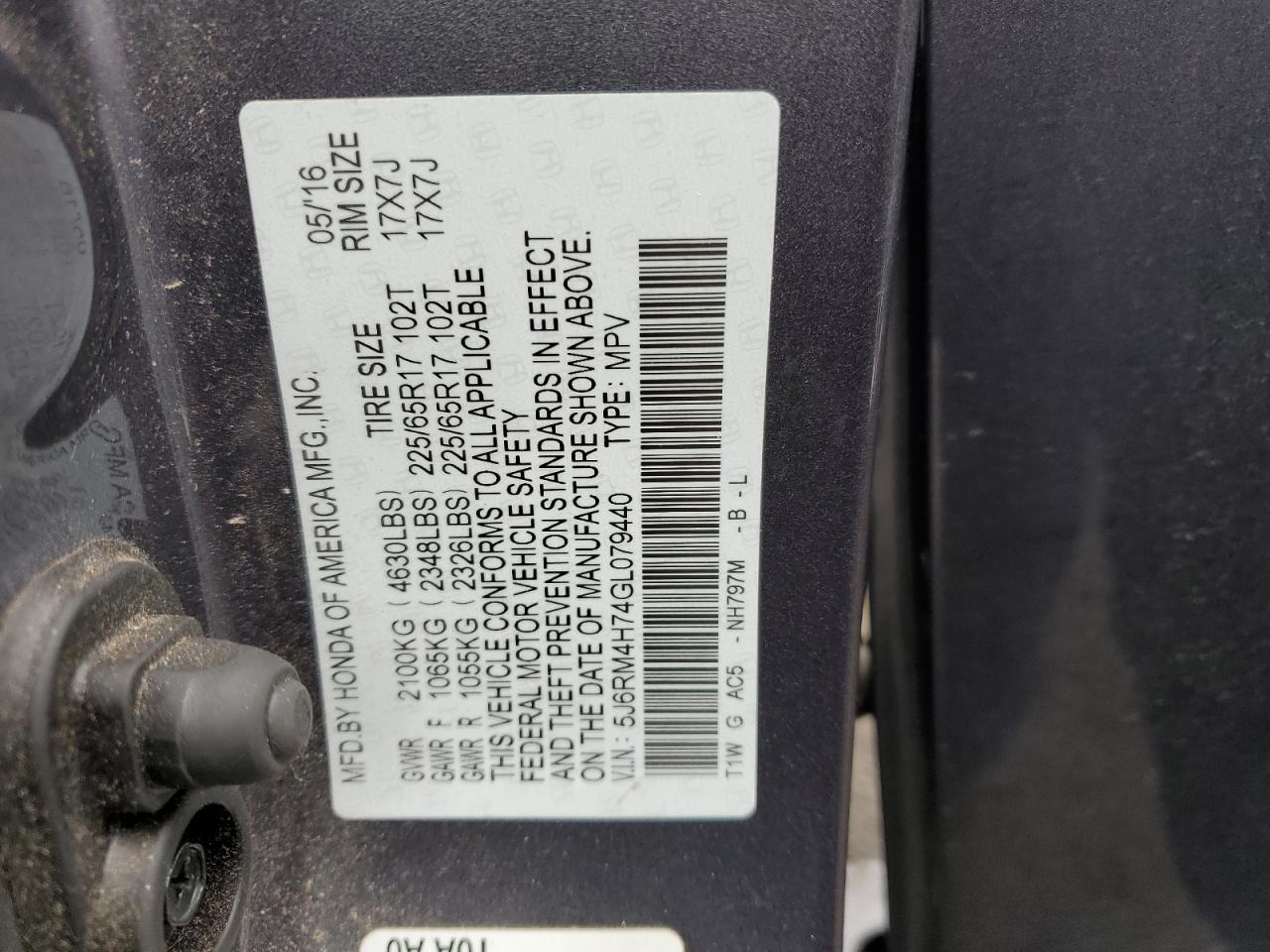 5J6RM4H74GL079440 HONDA CRV 2016