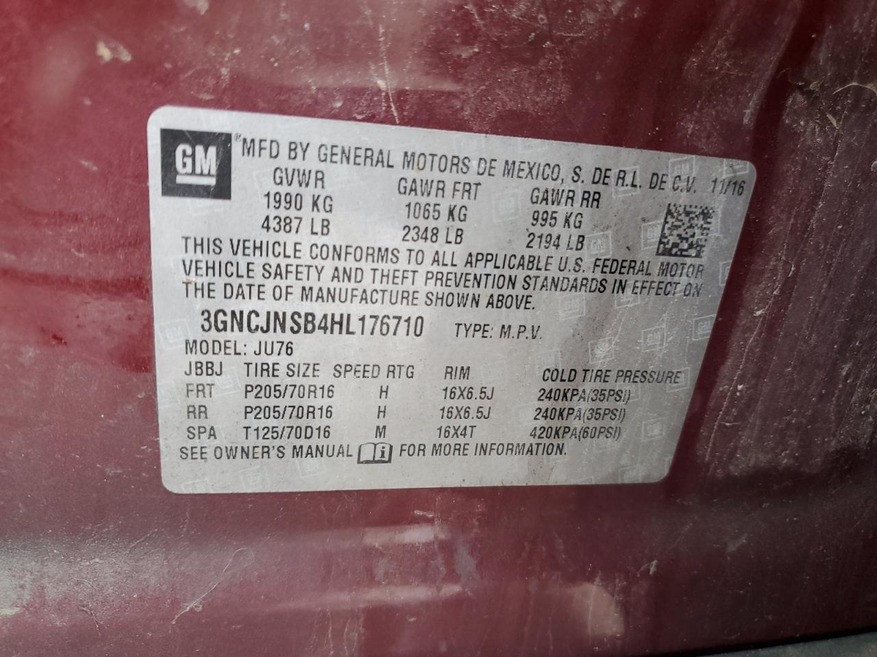 3GNCJNSB4HL176710 CHEVROLET TRAX 2017