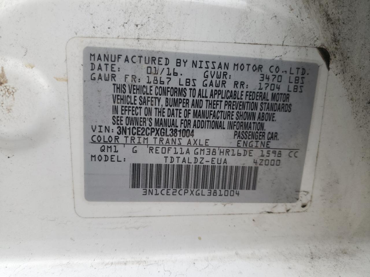 3N1CE2CPXGL381004 NISSAN VERSA 2016