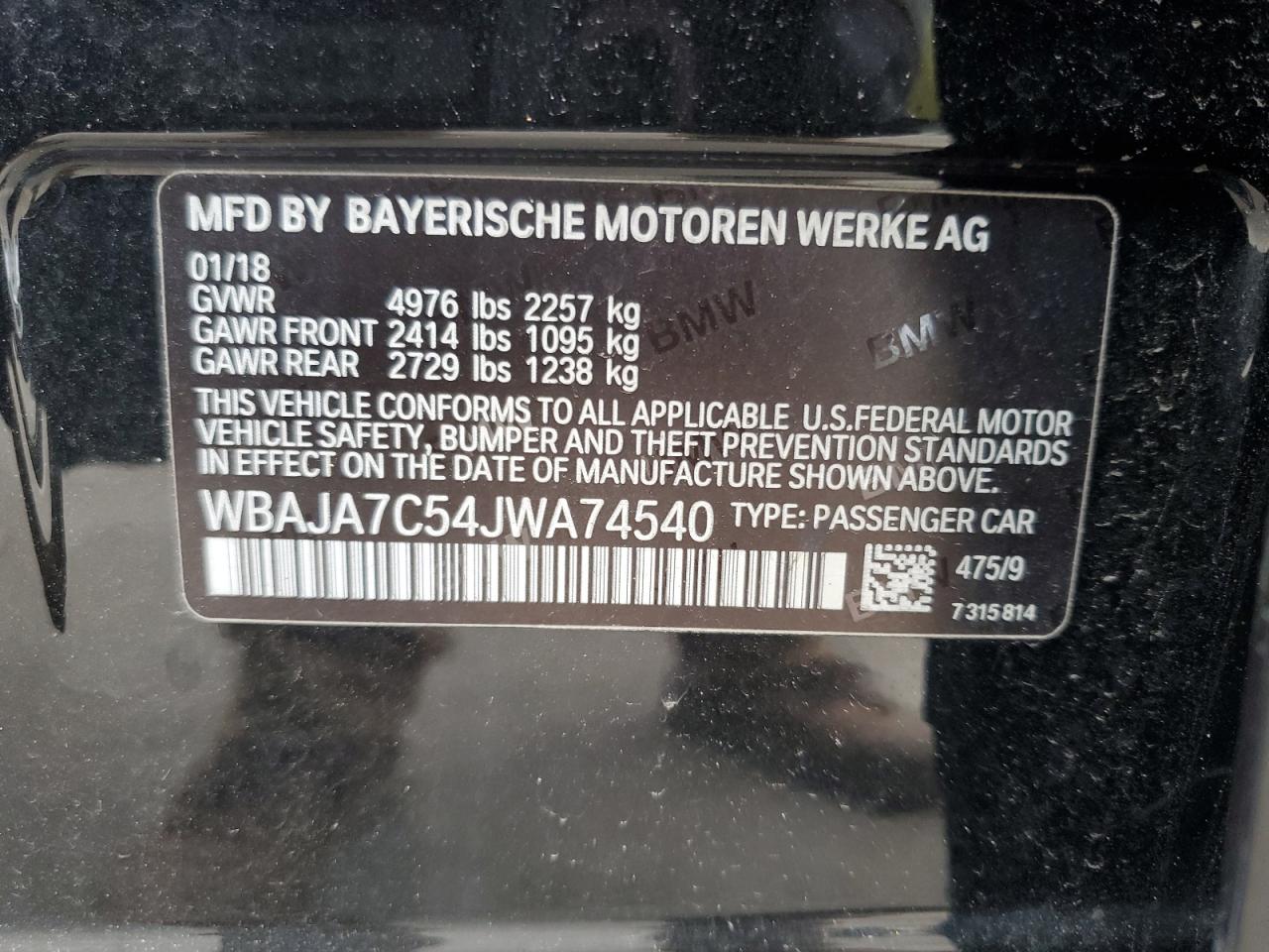 WBAJA7C54JWA74540 2018 BMW 530 Xi