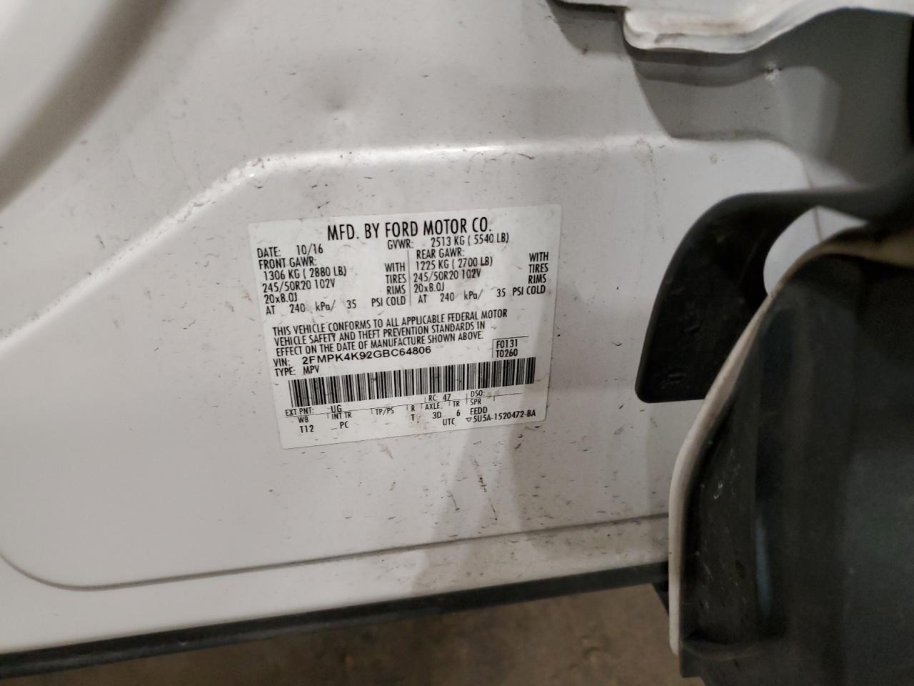 2FMPK4K92GBC64806 FORD EDGE 2016