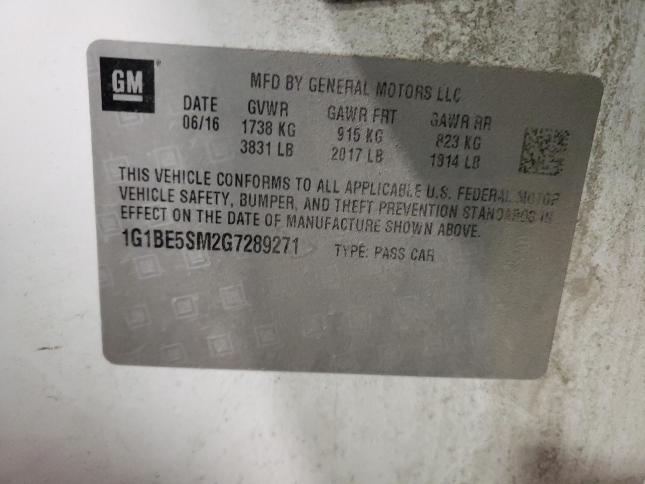 1G1BE5SM2G7289271 CHEVROLET CRUZE 2016