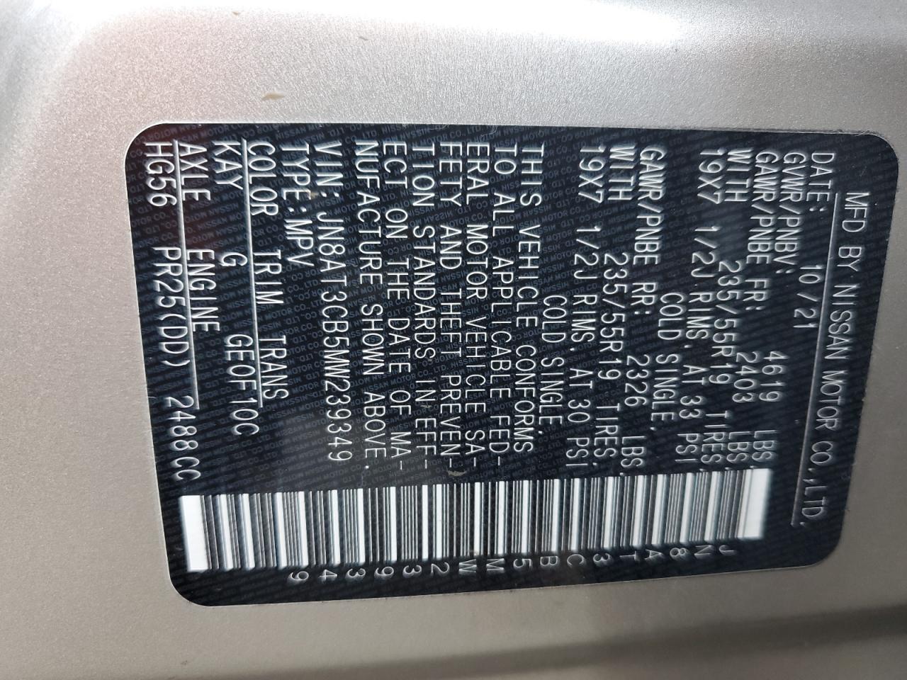 JN8AT3CB5MW239349 NISSAN ROGUE 2021