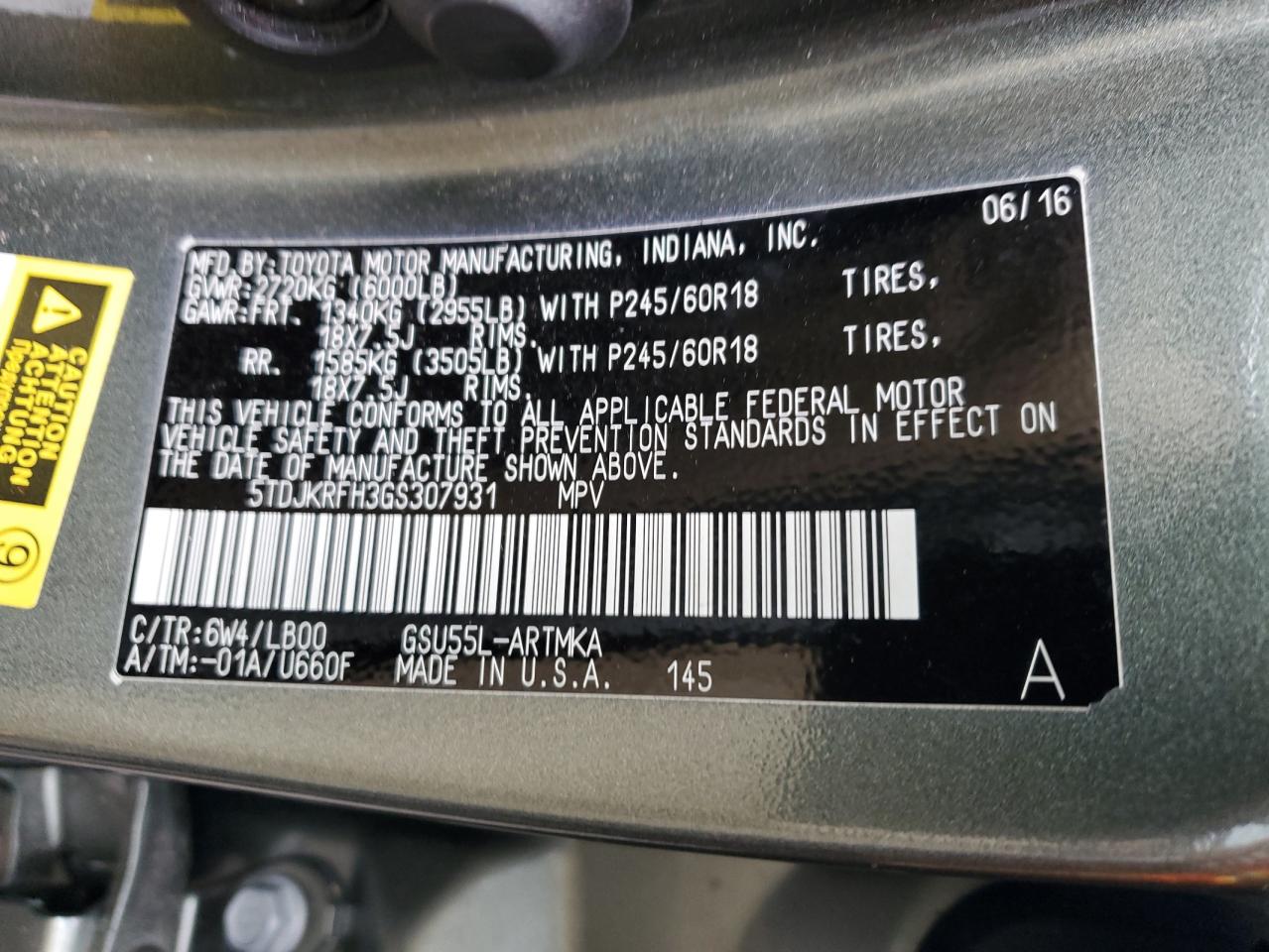 5TDJKRFH3GS307931 TOYOTA HIGHLANDER 2016