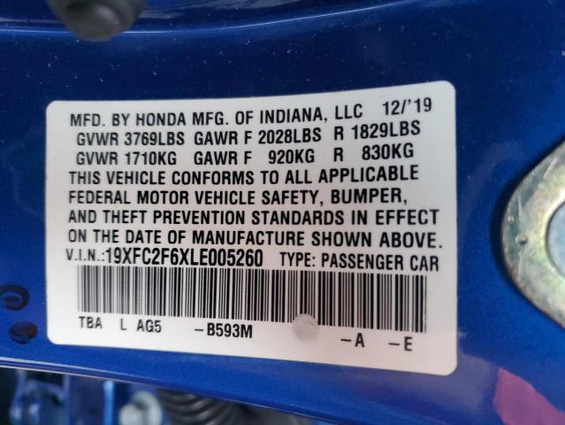 VIN 19XFC2F6XLE005260 2020 Honda Civic, LX no.13