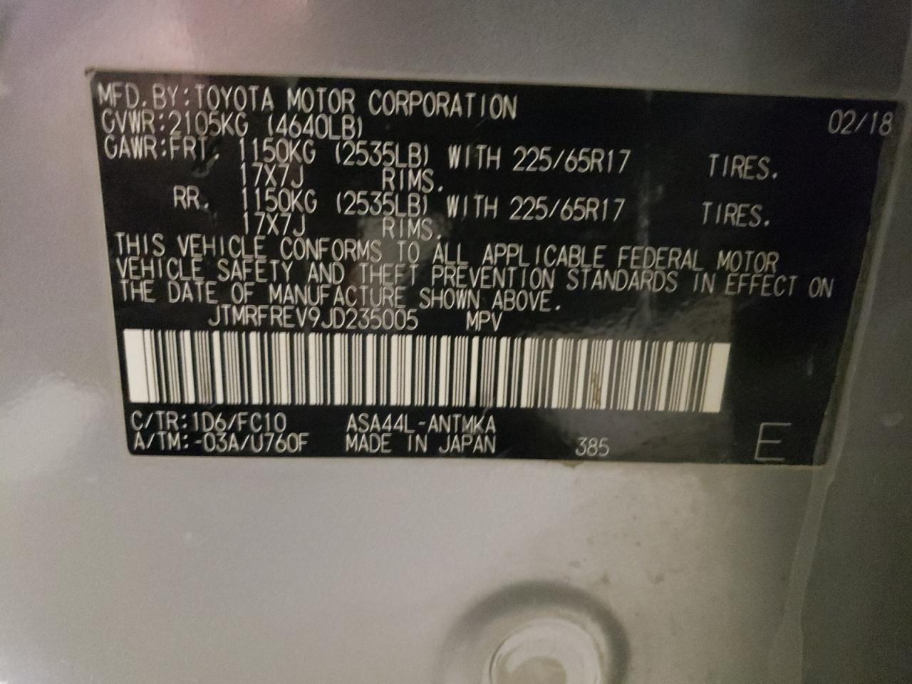 JTMRFREV9JD235005 TOYOTA RAV4 2018