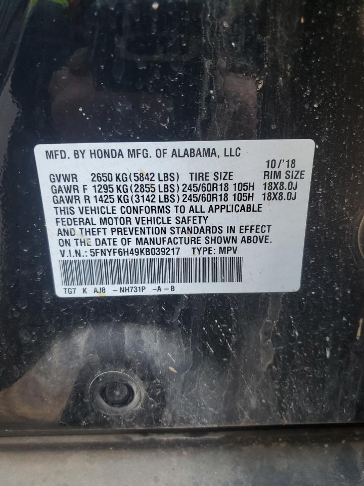 5FNYF6H49KB039217 HONDA PILOT 2019
