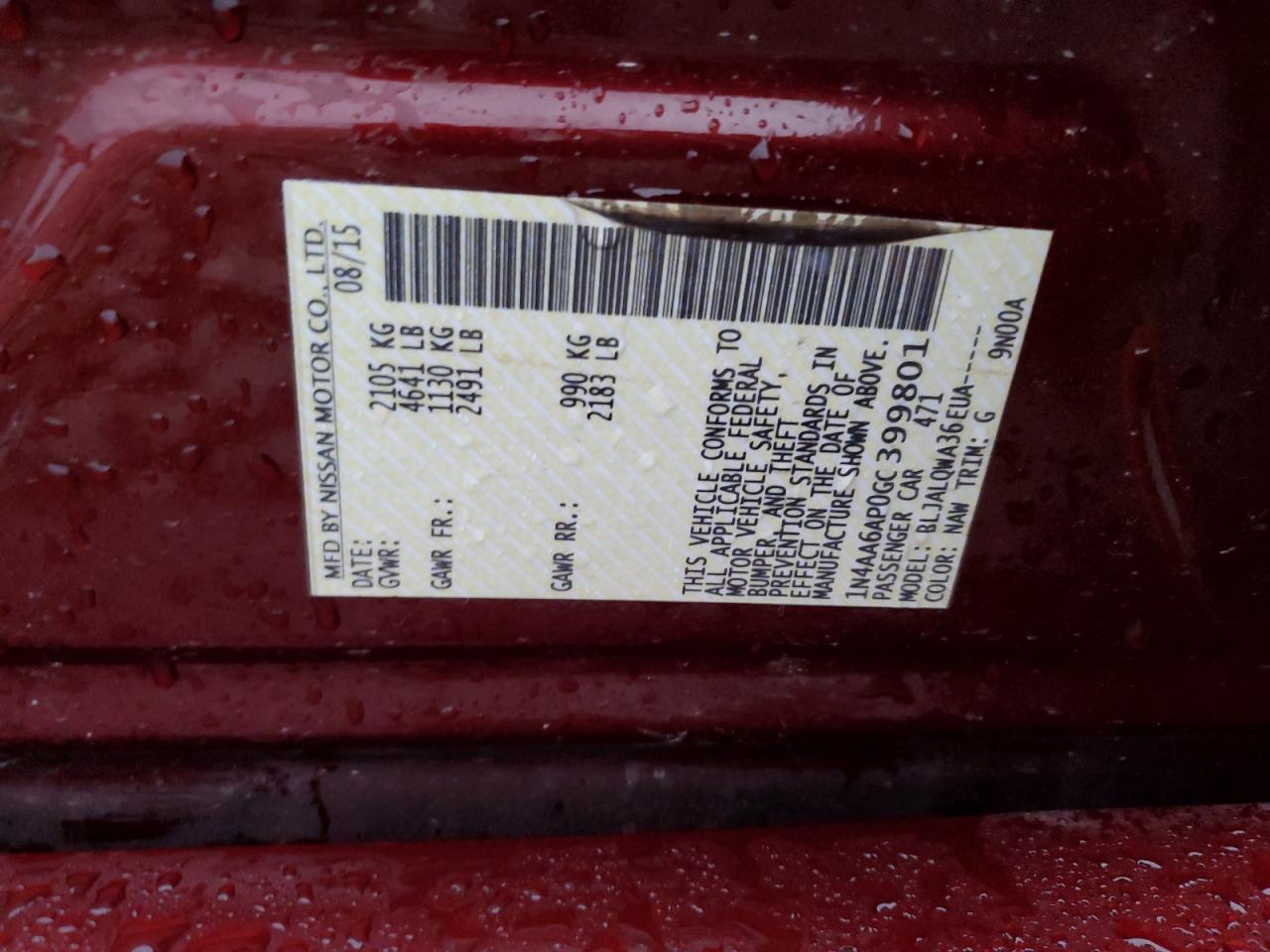 1N4AA6AP0GC399801 NISSAN MAXIMA 2016