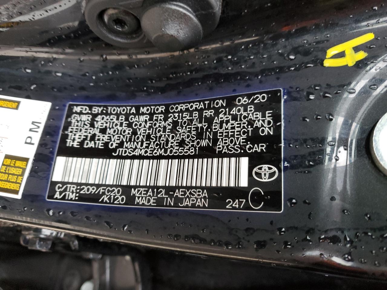 JTDS4MCE6MJ055581 TOYOTA COROLLA 2021