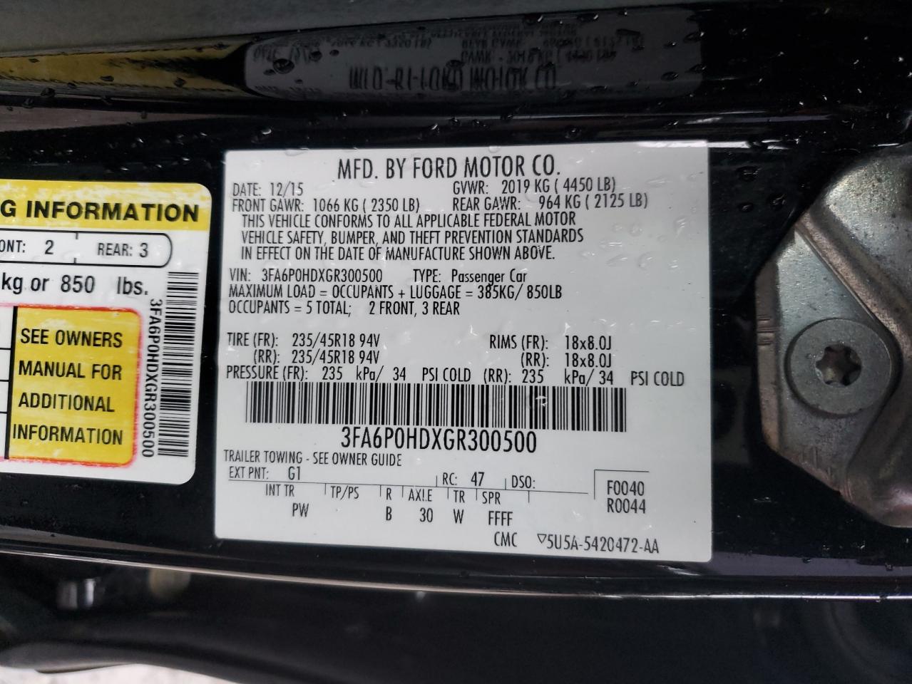 3FA6P0HDXGR300500 FORD FUSION 2016