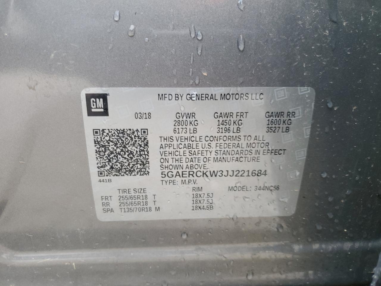 5GAERCKW3JJ221684 BUICK ENCLAVE 2018