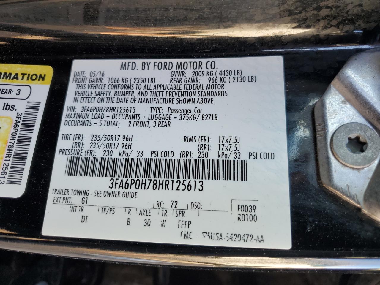 3FA6P0H78HR125613 FORD FUSION 2017