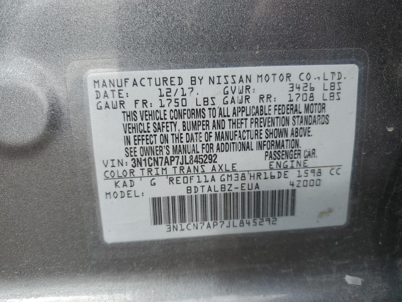 3N1CN7AP7JL845292 NISSAN VERSA 2018