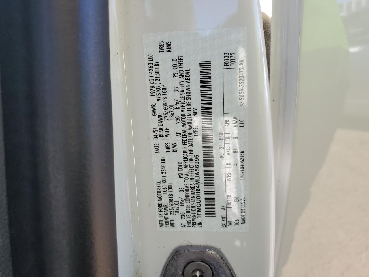 1FMCU0H64MUA56995 FORD ESCAPE 2021