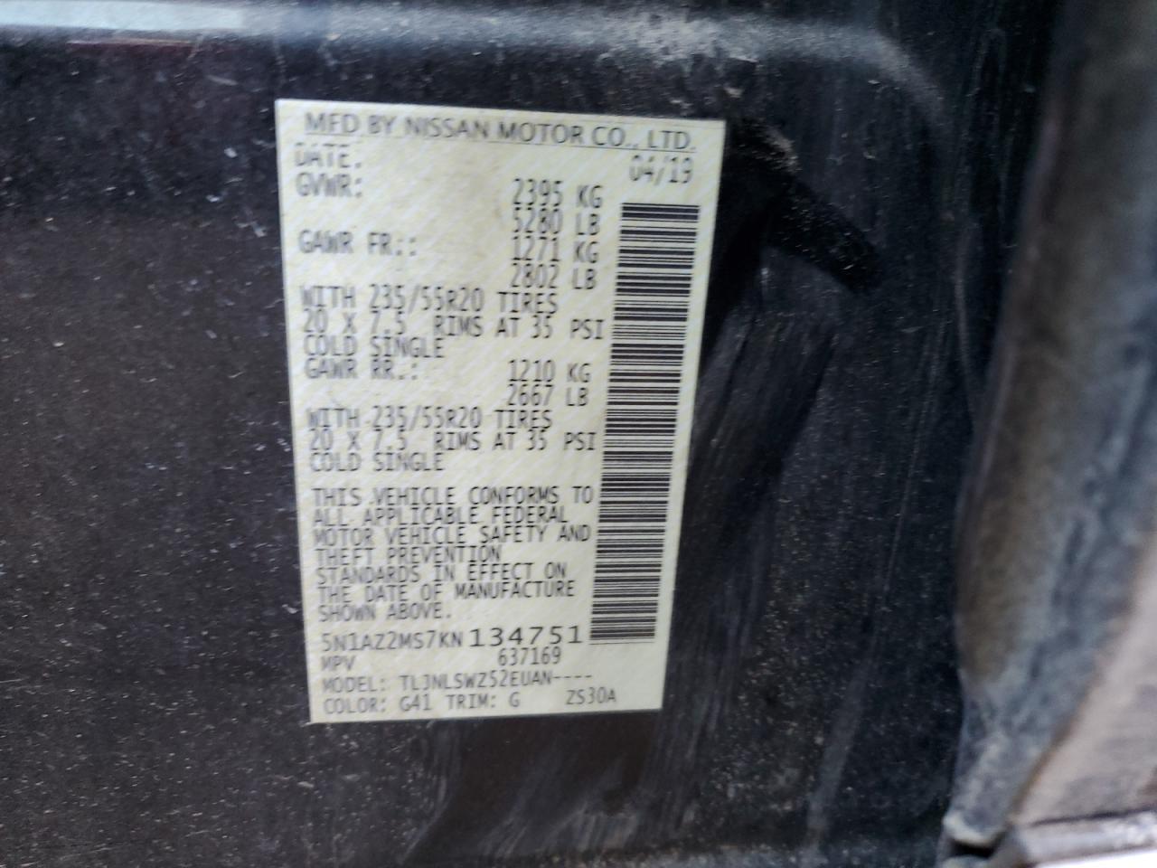 5N1AZ2MS7KN134751 NISSAN MURANO 2019