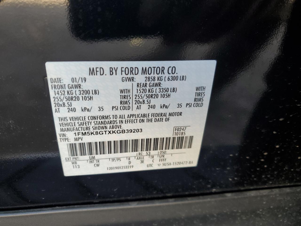 1FM5K8GTXKGB39203 FORD EXPLORER 2019